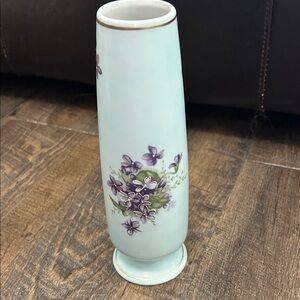 Vintage Norleans Japan Blue Satin Bud Vase with Purple‎ Violets Hand Painted
